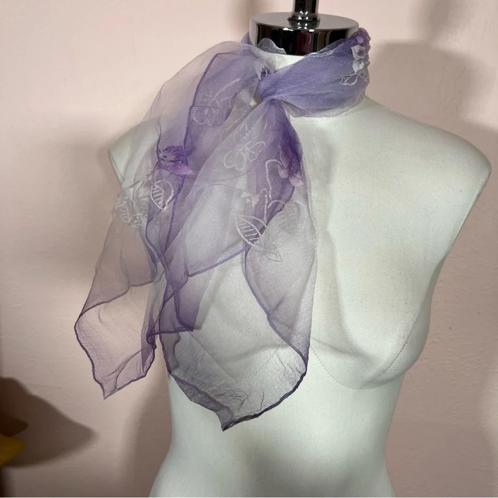 Vintage 1960 70’ semi sheer purple white flocked cottagecore floral Scarf
